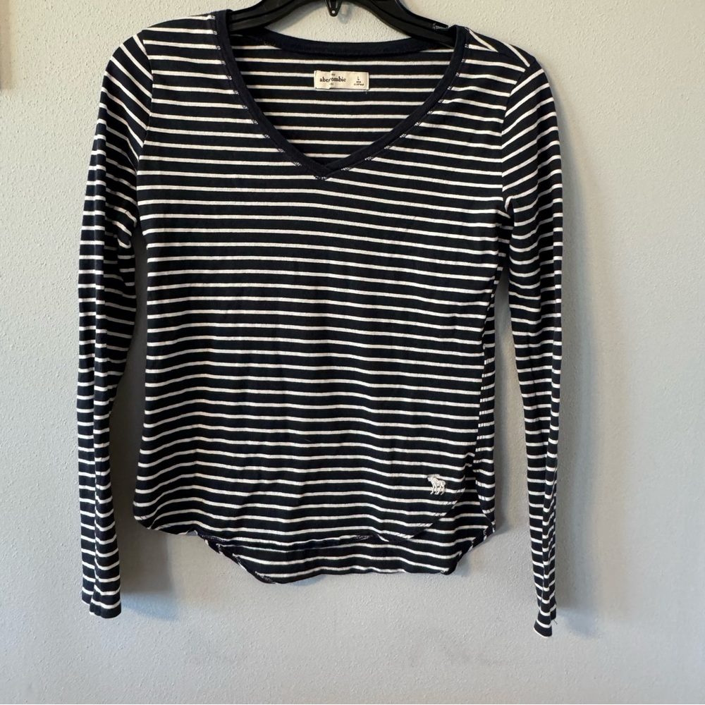 Abercrombie Navy White Striped V-Neck Long Sleeve Tee Shirt Moose Logo L‎ y2k